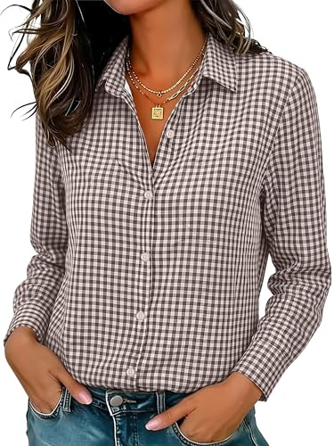 Brown Checkered Plaid Button Down Shirts for Women V Neck Casual Long Sleeve Design Versatile for Office Dating Shopping Daily Casual Everyday Outfits Brown and White Plaid M