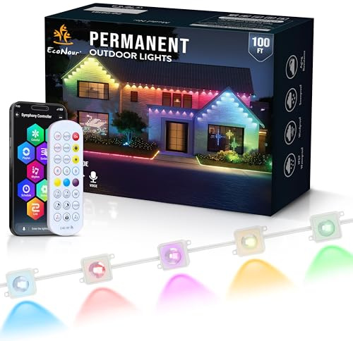 EcoNour 30M/100FT Smart RGB Permanent Outdoor Lights |Music Sync, Waterproof LED Eaves Lights with Extension Connector & Remote Control |Colorful RGB LED Christmas Light with Festive Lighting Effects