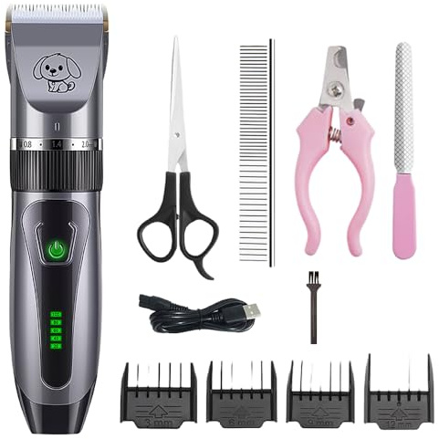 Bjaf Dog Clipper Pro Leise Schermaschine für Katzen und Hunde, 4 Längenverstellbare Klingen Kabellos Effektiv und Komfortabel für Haustiere
