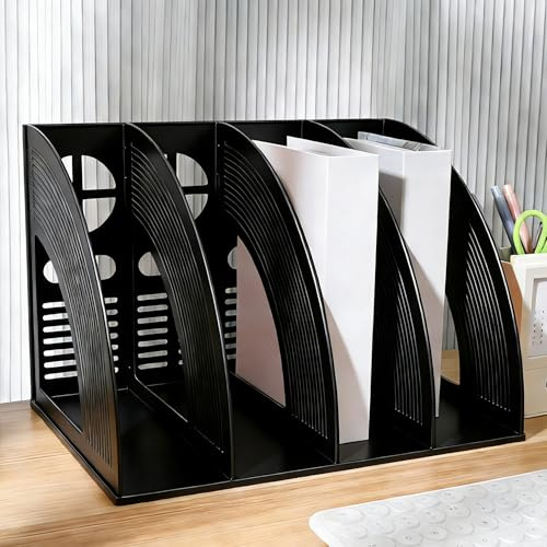Vurixfo A4 File Holder, 4 Sections Magazine File Folder Desk Organizer Plastic Desk Files Organiser Black Files Storage Folders Document Rack Vertical Magazine Rack for Office Storage and Organiser
