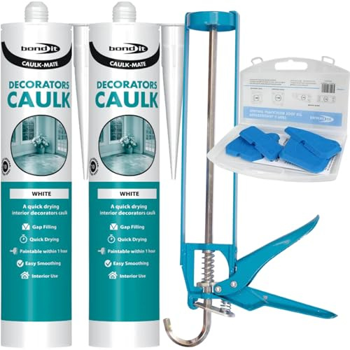 Bond It Decorators Caulk White Set – 2 Pack (380ml Each) with Sealant Gun & Silicone Smoothing Tool Kit | Paintable Interior Flexible Caulking Filler for Gaps & Cracks, Easy to Apply & Smooth Finish