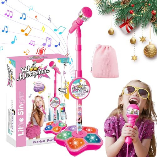 All-In-One Microphone Toy, Kids Microphone and Stand with Adjustable Stand, Microphone Kids, Kids Microphone with Stand, Built-In Music, 5 Colorful Lights, Echo Effect, Toys (Pink)