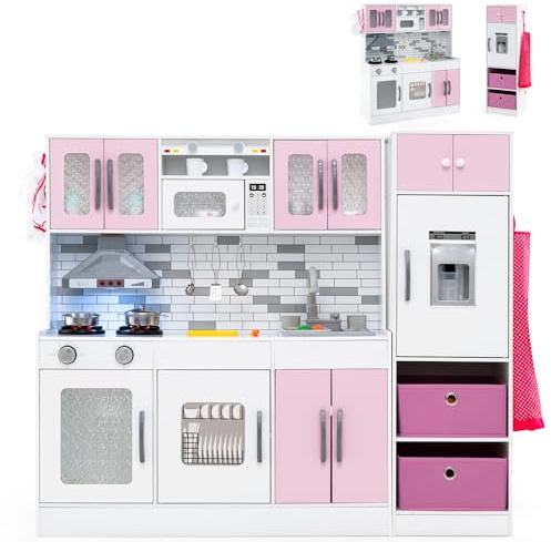 DREAMADE Kinderküche aus Holz mit 18 TLG. Zubehör, Spielküche mit Licht und Sound, Herd, Spüle, Kühlschrank & Dunstabzugshaube, Küche Spielzeug mit Stauraum für Kinder ab 3 Jahren (Rosa)