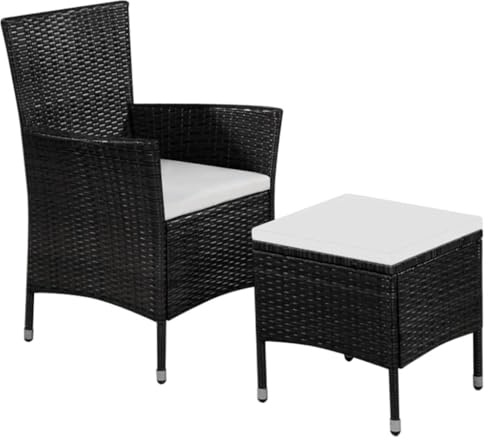 IBUQDDV Gartenstuhl und Hocker Set aus Poly Rattan Schwarz mit 2 abnehmbaren Sitzpolstern für Terrasse und Balkon, wasserabweisend und strapazierfähig, Stahlrahmen für Stabilität,
