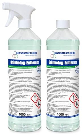 Ravensberger Chemie Grünbelagentferner Konzentrat – Biozid gegen Algen, Grünbelag & mikrobiellen Bewuchs – VOC-frei, kein Nachwaschen – für Terrassen, Fassaden & Pflaster - 2000 ml + Sprühkopf