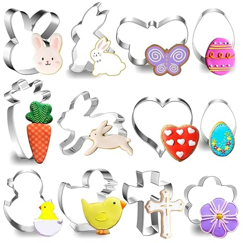 URYVAIW Set De 12 Cortadores De Galletas De Pascua, Moldes Para Galletas De Pascua Con Diseños De Conejo, Pollo, Mariposa, Huevo, Zanahoria Y Flor, Regalo Ideal Para Amantes De La Repostería