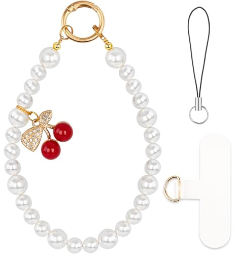 HONZUEN Correa de Mano para Móvil con Perlas Cereza Perla | Perlas decorativas • Diseño cereza perla • Correa anticaídas • Para móvil llaves bolsos • Uso diario