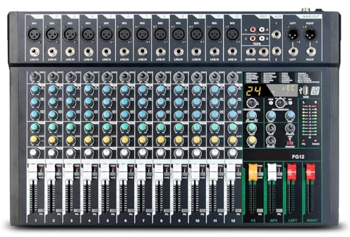 DJ-Mixer, Audiomixer FG8 8-Kanal-DJ-Mischkonsole PC USB-Aufnahme Bluetooth-Funktion 24 Digitale Effekte 48V Phantomspeisung(FG12)