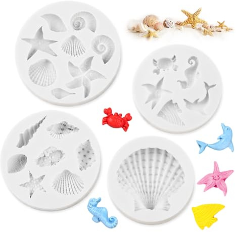 Juego de 4 Molde Silicona Marina,Molde Conchas de Mar,HMCEY Moldes de Estrellas para Fondant,Tarta Mousse Moldes Silicona Reposteria para Jabón, Chocolate, Pasteles, Dulces, Bombones, Manualidades