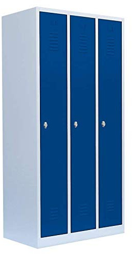 Lüllmann 3er Spind komplett montiert grau/blau 180x88,5x50cm (HxBxT) Umkleide Stahl Kleiderspind Garderobenschrank Spindschrank Metallspind 510131