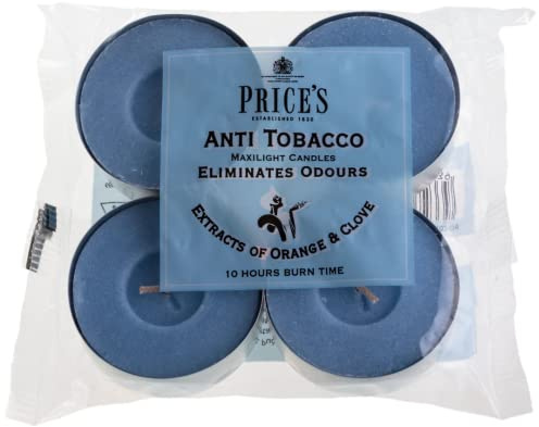 Price's - Anti-Tobacco Maxi Tealights - 4 Pack - Odour Eliminating Tealights - Made with Orange and Clove Extracts - Clean, Fresh, Quality Fragrance - Long Lasting Scent