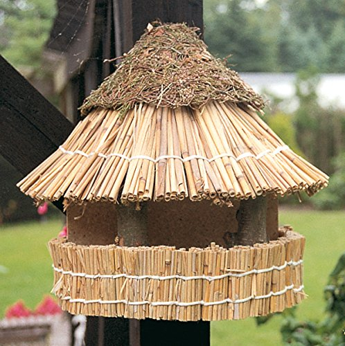 Vogelfutterhaus mit Reetdach und Heidekappe, Heidehütte zum Aufhängen, Wandmontage