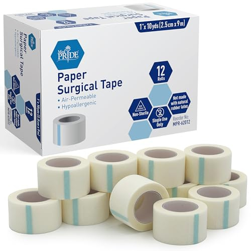 MED Pride Paper Surgical Tape 1 x 10 Yards for Wound Dressing [Pack of 12] - Latex-Free & Hypoallergenic Medical Tape Suitable for Sensitive Skin- Hospital-Grade, Breathable Wound Care Paper Tape