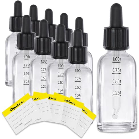 Oputec 10 x 30 ml Pipettenflaschen Glas mit Glaspipette & 0,25 ml Skala – Tropfflaschen Set für Flüssigkeiten, Aroma, Öl – inkl. Beschriftungsetiketten