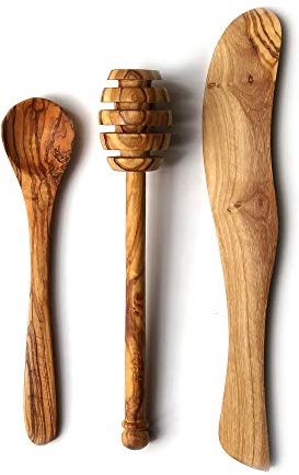 Set per colazione e condimenti in legno di ulivo | coltello da burro | cucchiaio da marmellata | cucchiaio di miele
