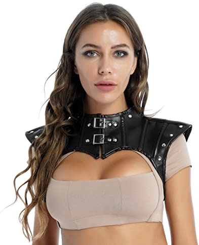 Agoky Dam, punk, gotisk kostym, krage, wetlook, bröst, harness body med nitar, sexiga toppar, spänne, snörning, sexiga underkläder, svart, M
