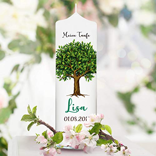 Wandtattoo Loft Taufkerze Junge oder Mädchen Lebensbaum Kerze Baum - Taufe, Geburt Kommunion weiß 25 x 7 cm mit Name, Datum, ggf. Taufspruch / / Taufkerze 25 x 7 cm (ohne Taufspruch)