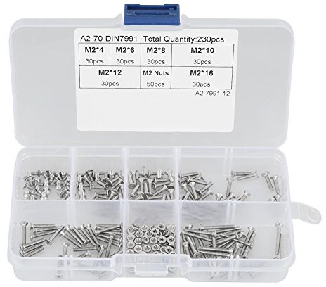 Boulon Vis Écrous, 230 pcs En Acier Inoxydable M2 304 Tête Plate Boulon Vis Écrous Assortiment Kit avec Boîte En Plastique
