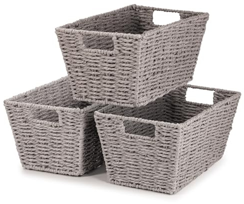 woodluv Storage Basket for Shelves, Woven Wicker Paper rope storage boxes, Baskets for Organizing, Gift Hamper Basket, Decorative Baskets Grey - L30.5 x W18.5 x 14.5 (H)