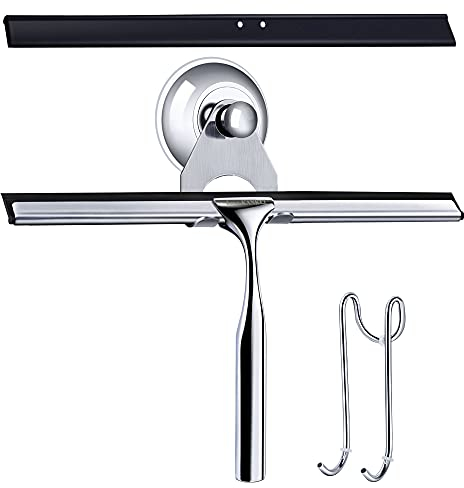 Love-KANKEI Shower Squeegee Stainless Steel Shower Scraper No Drill Shower Wiper with Suction Cup and Replacement Rubber Blade for Mirror, Window, and Bathroom Door Cleaning