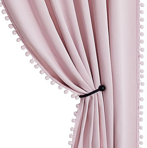 StangH Pink Blackout Curtains for Nursery Girls Room, Thermal Insulated Pompom Room Darkening Curtain Drapes for Babies, Short Cute Curtains for Kitchen/Small Window, W52 x L63, 2 Panels