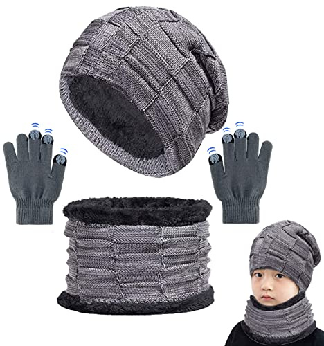 CheChury Kinder Wintermütze Winterschal Touchscreen Handschuhe Kinder Strickmütze Beanie Mütze mit Schal für Kinder mit Fleecefutter Mütze Schal Sets Schals Hüte für Mädchen Jungen Wintergeschenke