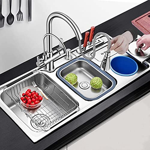 HGTRH évier De Cuisine 2 Bacs avec égouttoir,évier INOX De Cuisine évier De Cuisine à Poser avec Siphon Et Trop-Plein Et Distributeur De Savon Gratuit Montage à Encastrer Installation Supérieure