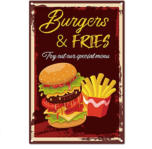 CREATCABIN Targhe in Metallo per Hamburger e Patatine Fritte Targhe in Metallo Vintage retrò per Placca Poster Bar Pub Garage Fast Food Cafe Home Wall Decor 8 x 12 Pollice