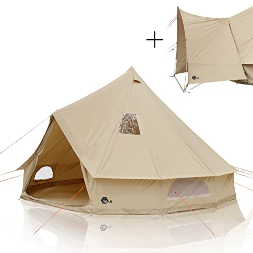your GEAR Zelt Desert Baumwolle - 2 Größen Ø 4m oder Ø 5m, 4 bis 10 Personen - eingenähter PVC Boden Schlafkabine Vordach UPF 50+ Schutz 10000 mm Wassersäule Campingzelt Rundzelt Tipi