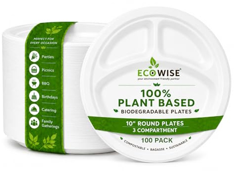Best House Strong Bagasse Plates Biodegradable & Compostable Dinner Party Plates 10 Inch 3 compartments - Sugarcane Plates Made of Sugarcane Perfect for Everyday USE Party Picnic BBQ (Pack of 100)