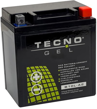 TECNO-GEL Motorrad Qualitäts Batterie für YB10L-A2, 12V Gel-Batterie f Piaggio Berverly -Hexagon-Super Hexagon-X7 X8 X9 11Ah, 134x88x145 mm