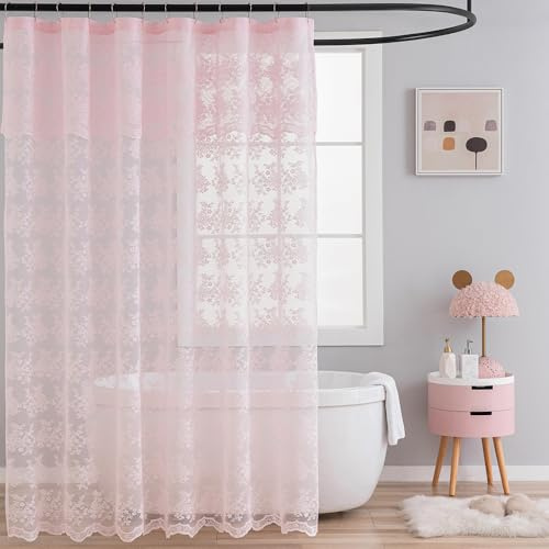 TUDECO Pink Lace Shower Curtain with Attached Valance, 72x72 Inch, 1 Panel