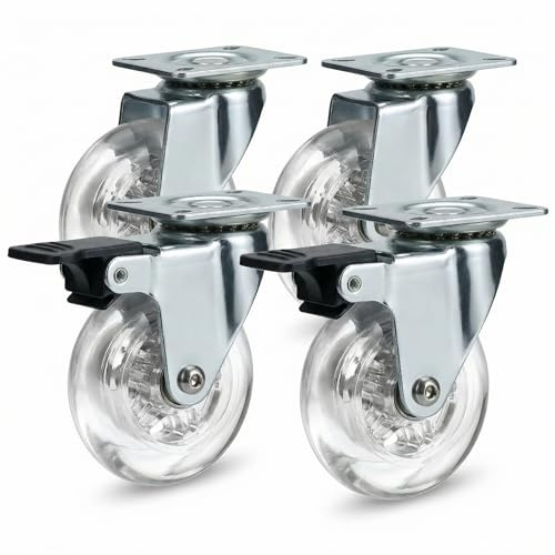 QWORK® 4 pièces. Roulettes pivotantes transparentes de 75 mm, roulettes pour meubles en polyuréthane respectueuses du sol, capacité de charge 40 kg (2 freins, 2 sans freins).