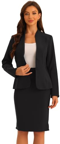Allegra K Suits 2 Piece Skirt Set for Women's Business Office Outfits Collarless Blazer Pencil Skirts Suit Sets Black S