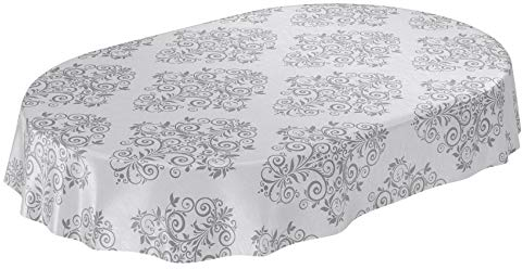ANRO Wachstuchtischdecke Wachstuch Wachstischdecke Tischdecke abwaschbar Ranken Barock Arabeske Grau Oval 140 x 200cm