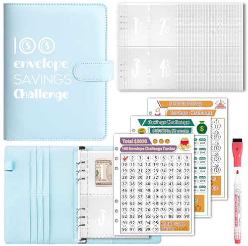 100 Envelopes Money Saving Challenge, A5 Savings Challenges Book Budget Binder with Cash Envelopes Erasable Tracker, Easy and Fun Way to Save $500 $5050 $10000 (Blue)