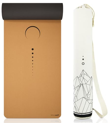 Mosswell Premium Kork-Yogamatte (4mm dick) - Rutschfeste Fitnessmatte mit Hilfslinien - Pilatesmatte + Yogatasche