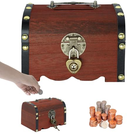Gwezmxs Sparbüchsen, Abschließbar Spardose, Sparschwein mit Schloss und Schlüsseln, Vintage Holz Schatztruhe mit Deckel, Erwachsene Kinder Sparkasse Bank Geschenk