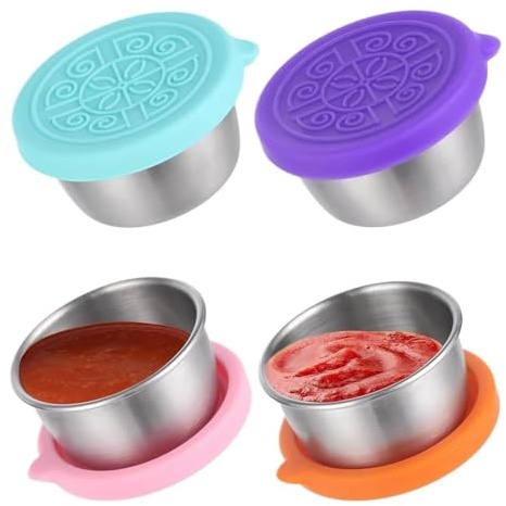VIVIIHOO Mini Latas de Acero Inoxidable Con Tapa Para Aperitivos y Alimentos Para Niños - Recipientes Reutilizables Para Salsas - 4 Unidades de 50 ml