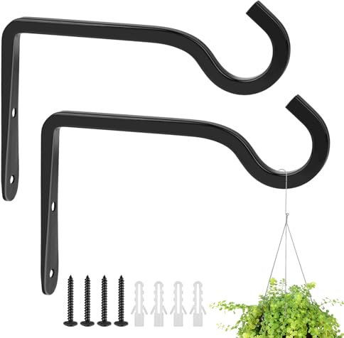 Hanging Basket Bracket, 2 Pack Heavy Duty Hanging Basket Hooks Outdoor with Screws, Iron Black Wall Brackets for Hanging Baskets Plants Lantern Bird Feeder