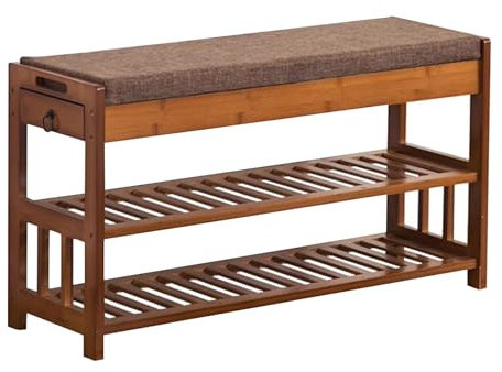MARIYCH Schuhaufbewahrungsbank, rustikales Braun, Schuhregalbank mit Baumwollleinenkissen und seitlicher Schublade, Schuh-Organizer-Bank aus Holz für den Eingangsbereich