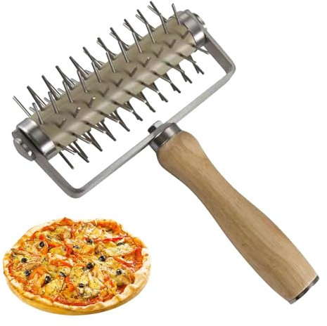 Pizza Dough Docker - Roller Docker with Spikes, Stainless Steel Needle Roller | Pro Pastry Lattice Roller Cutter, Pizza Hole Puncher with Wooden Handle for Cake Pie for Making Pizza Cookie Pie Pastry
