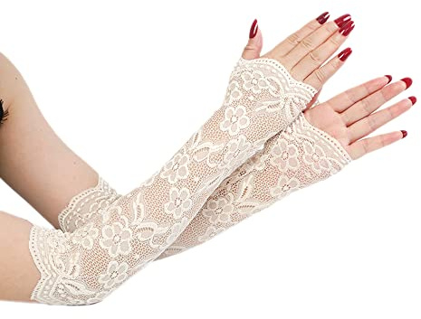Blausky Damen Fingerlose Handschuhe,Lange Spitze Handschuhe,Vintage Party Handschuhe,Spitze Handstulpen,Brautaccessoires,Braut-Handschuhe,für Braut Abschlussball Oper Dinnerparty,38 cm,Beige
