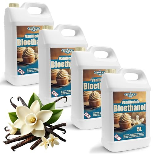 ZIVELA Bioetanol 96,6% 20 L | Alcohol orgánico Fragancia vainilla 96,6% 4x5 L | Chimenea de bioetanol | Fragancia de vainilla | Combusción limpia, sin humo, llama viva y estable