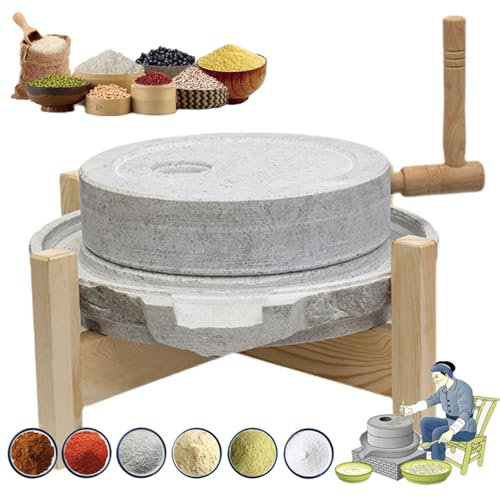 Hand Grain Mill Stone,Stone Mill Grinder, Hand Grain Mill Stone Grinder, Wet Dry Cereal Mill for Home Kitchen, Handmade Stone Mill for Grain, Bean, Sesame Seeds, Peppers, Spices, with Wooden