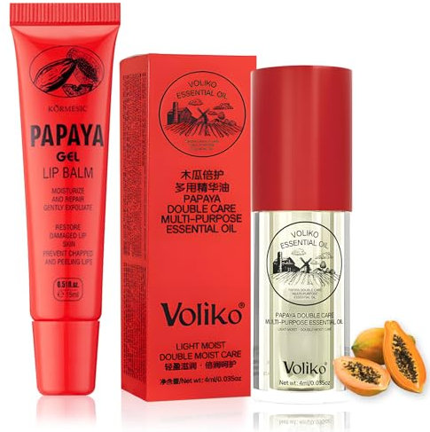 Lot de 2 rouges à lèvres crème à la papaye, huile essentielle de papaye et pommade gel à la papaye, baume à lèvres réparateur, gommage hydratant double soin pour hommes et femmes.