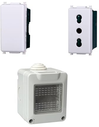 Kit Scatola Elettrica IP55, Completa Di Frutti Compatibile Con Vimar Plana, 2 Moduli Presa Bipasso 10/16A + Interruttore, Contenitore Con Coperchio, Da Muro Parete Esterno e Interno