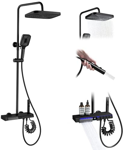 Lefton Shower System with Temperature Display in Fahrenheit and Dual Shower Head, Waterfall Shower Faucet Set with Spray Gun, 5-in-1 Control System, SST2206 (Matte Black)