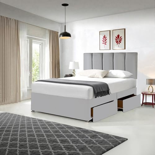 Divan Beds Deals – Chic Grey Suede Divan Bed with Spring Memory Foam Mattress | Sleek Bed Frame with 20” Vertical Line Headboard & 2 Storage Drawers | Complete Bedroom Decor Set (4FT6 Double)