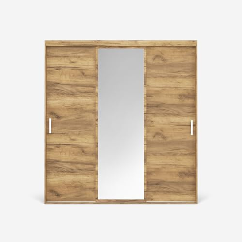 VIKK - Kleiderschrank - Garderobenschrank Groß mit Spiegel - 180x60x215cm - Schrank mit Schiebetüren, 2 Kleiderstangen, Schrank nach Bestelleingang gefertigt, HOVET Craft Gold, Innenausstattung MAX
